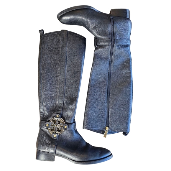 Tory Burch Amanda Tall Riding Boots Gold Logo Black Pebble Leather, Women Size 7 - Picture 1 of 10